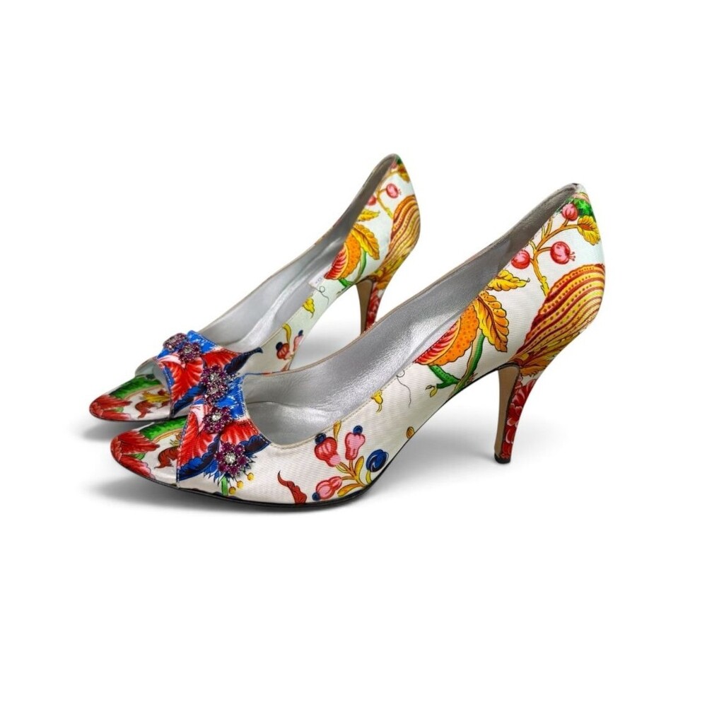 Hollywould Peep Toe Pumps Silk Botanical Print w/ Crystal Embellishments Size 9